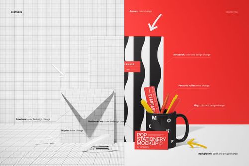 Stationery mockup featuring a notebook, envelope, mug, business card, pens, and ruler on a desk, shown from a front angle.