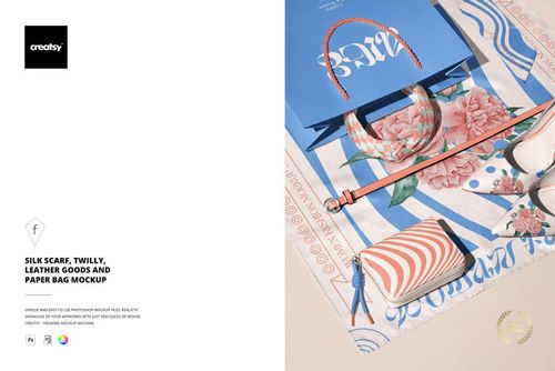 Silk Scarf, Twilly, Leather Goods and Paper Bag Mockup - mockup preview 1