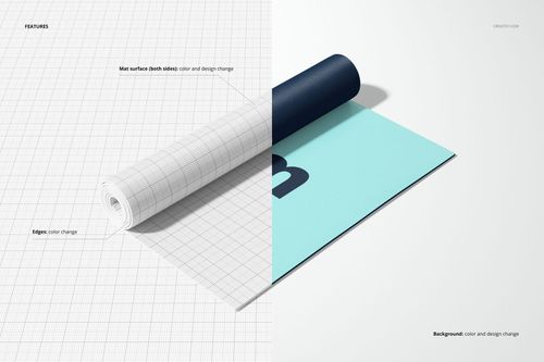 Exercise mat mockup showing a rolled and unrolled mat on a split background, with grid and solid color surfaces.