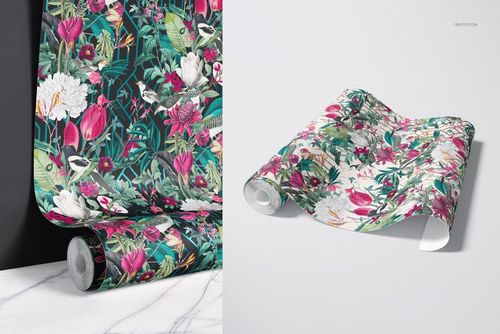 Floral patterned paper wallpaper mockup featuring bold pink, green, and white colors, shown partially unrolled.