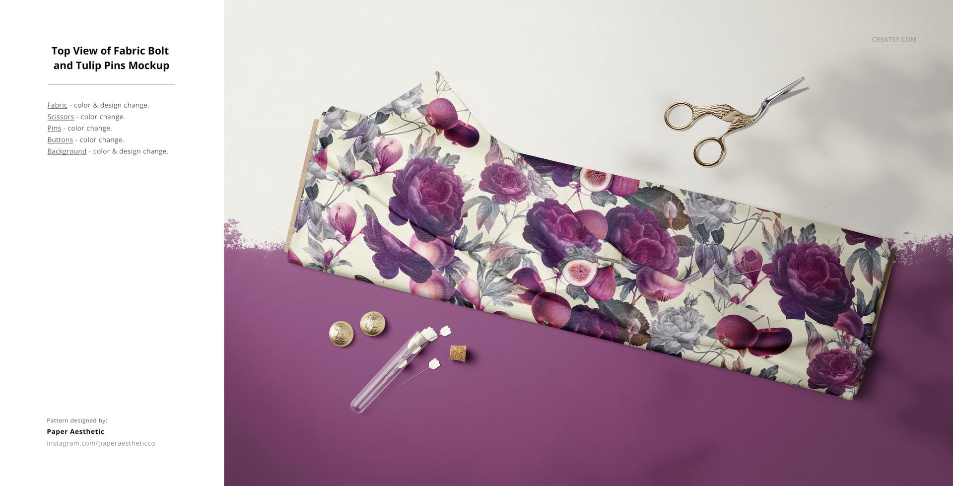 PSD mockup showing a floral patterned fabric bolt, sewing accessories, and a purple workspace from a top-down perspective.