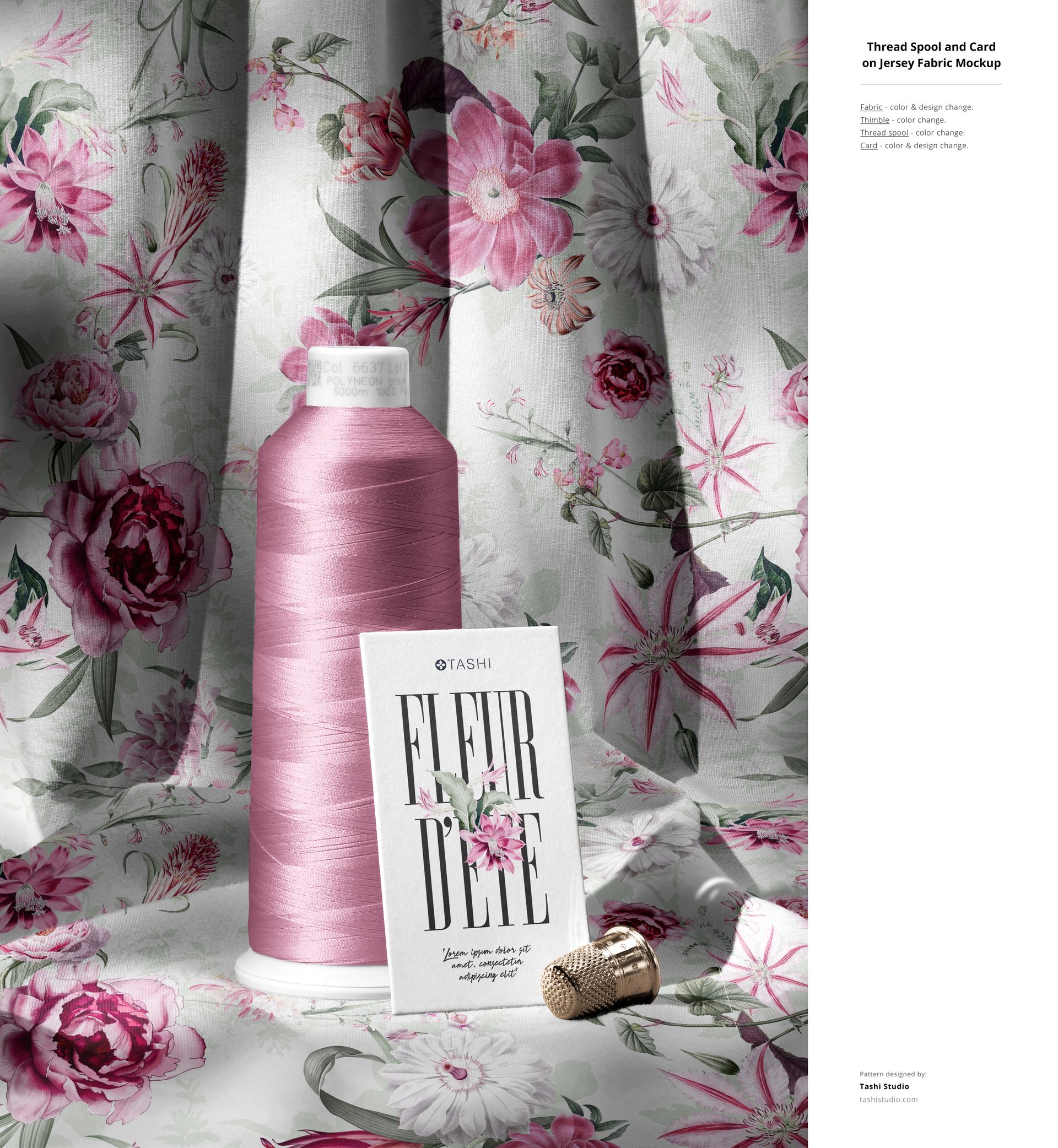 Front view of a jersey fabric mockup with a pink floral pattern, featuring a pink thread spool, card, and thimble.
