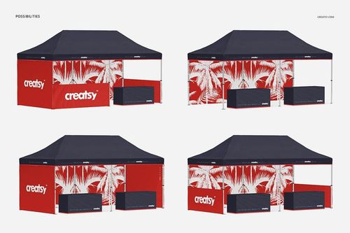 PSD mockup of a 10x20 pop-up tent, navy roof and red sides with tropical leaf design, shown from multiple perspectives.