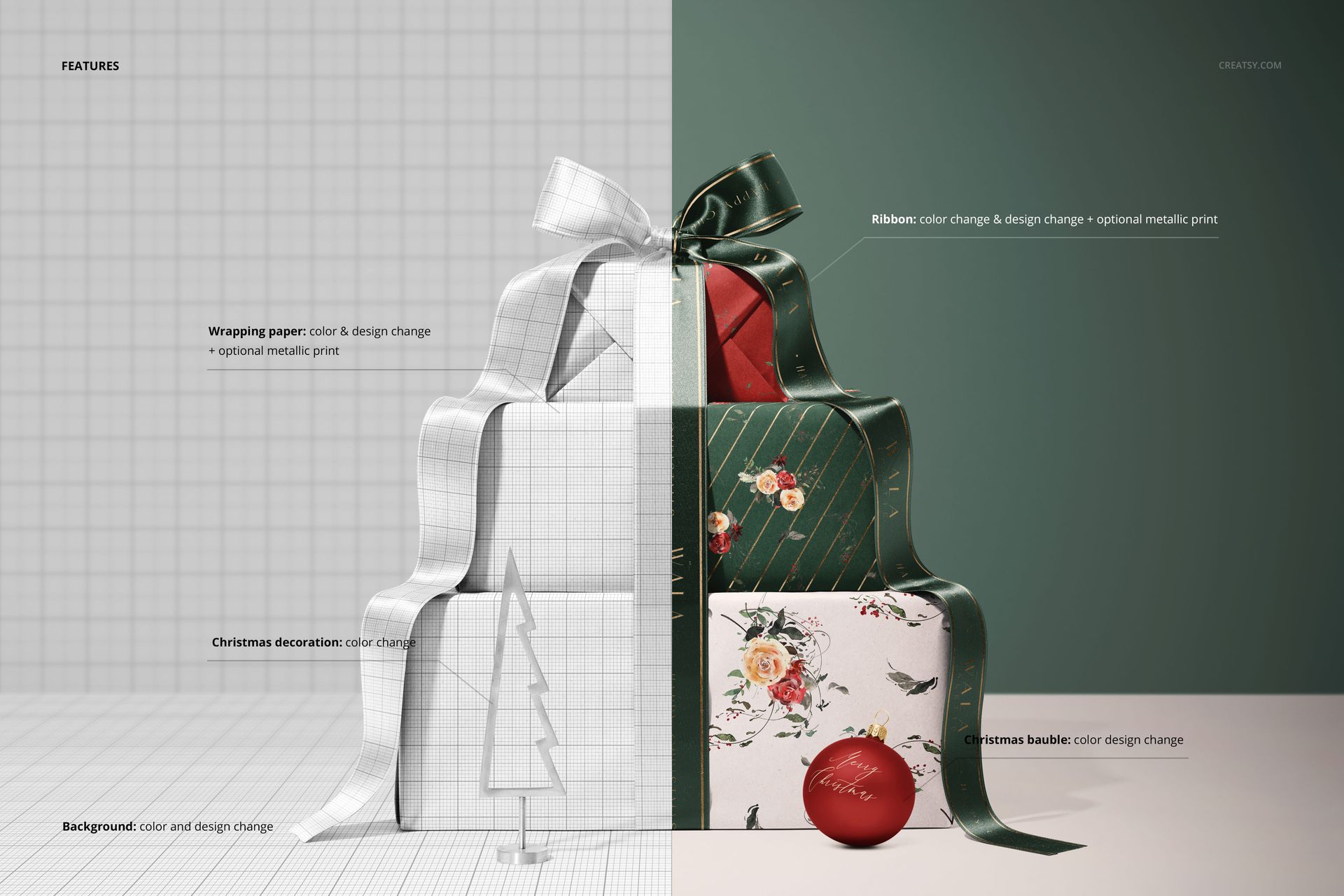 Christmas gift boxes mockup showing three presents with a wide green ribbon, festive bauble, and small tree on the side.