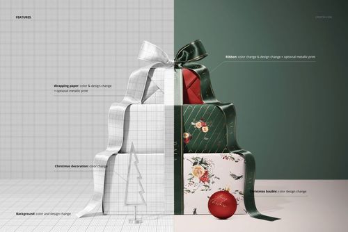 Christmas gift boxes mockup showing three presents with a wide green ribbon, festive bauble, and small tree on the side.