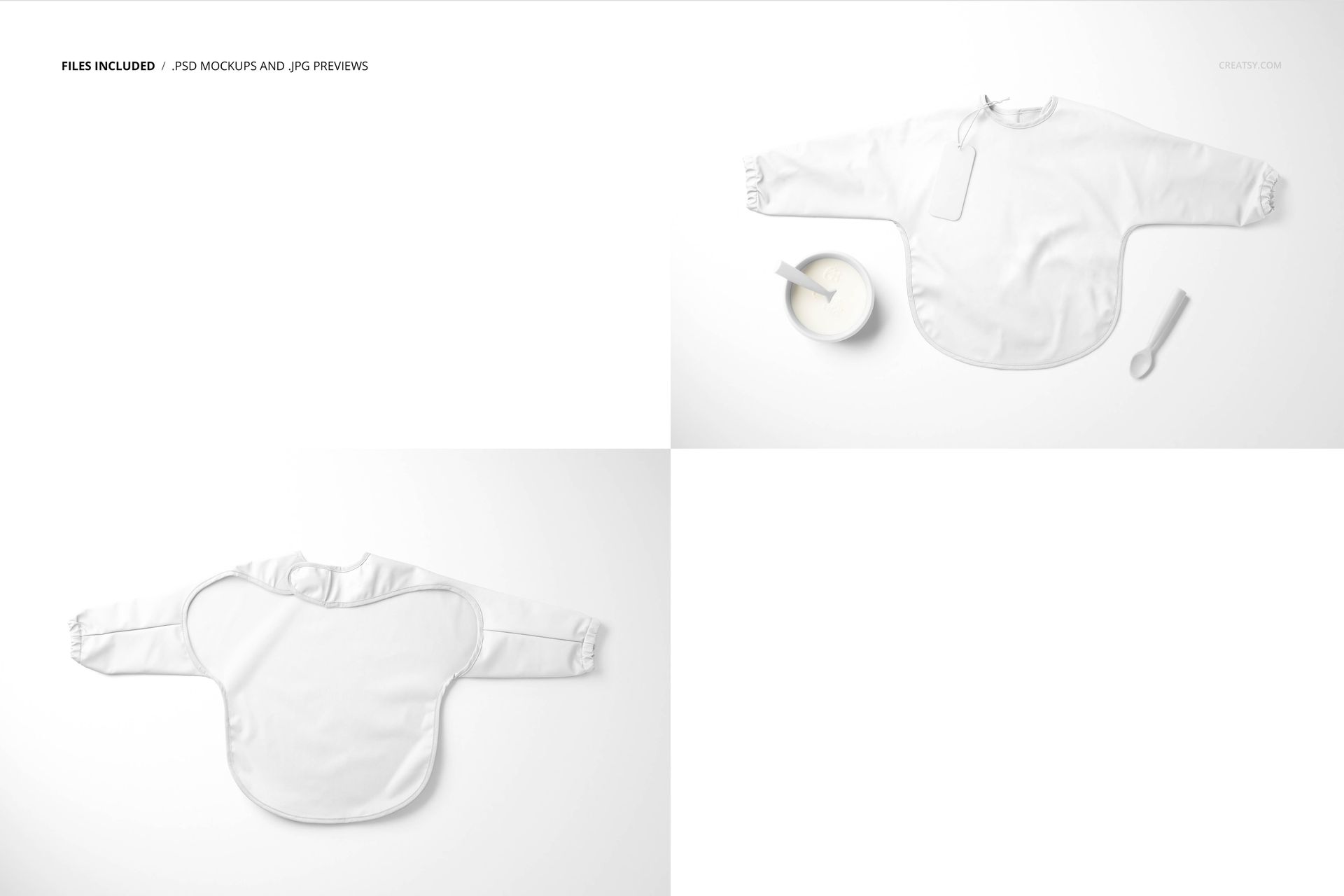 White baby sleeved bib displayed in three mockup scenes, showing front and back views on a plain background.