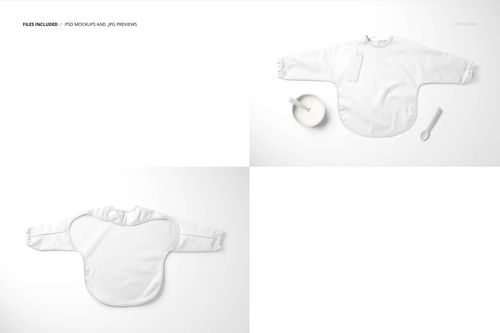 White baby sleeved bib displayed in three mockup scenes, showing front and back views on a plain background.