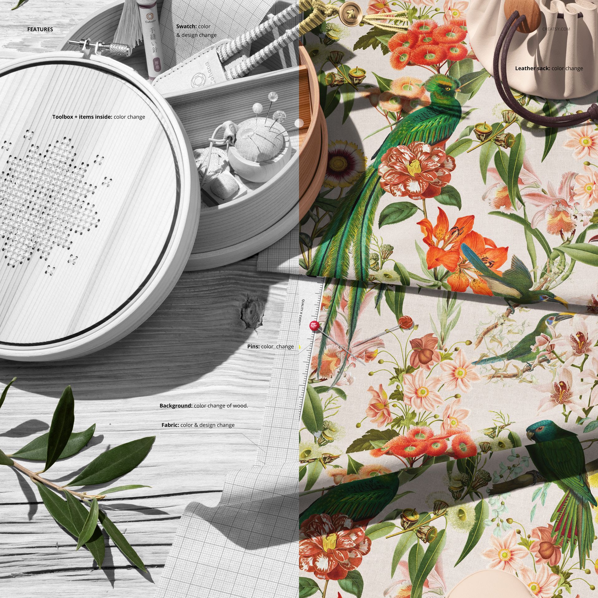 Cotton fabric mockup featuring vibrant flowers and birds, shown next to embroidery supplies on a wooden surface.