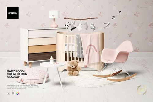 Mockup of a baby room featuring a wooden crib, pastel blankets, dresser, pink rocking chair, and wall decorations.