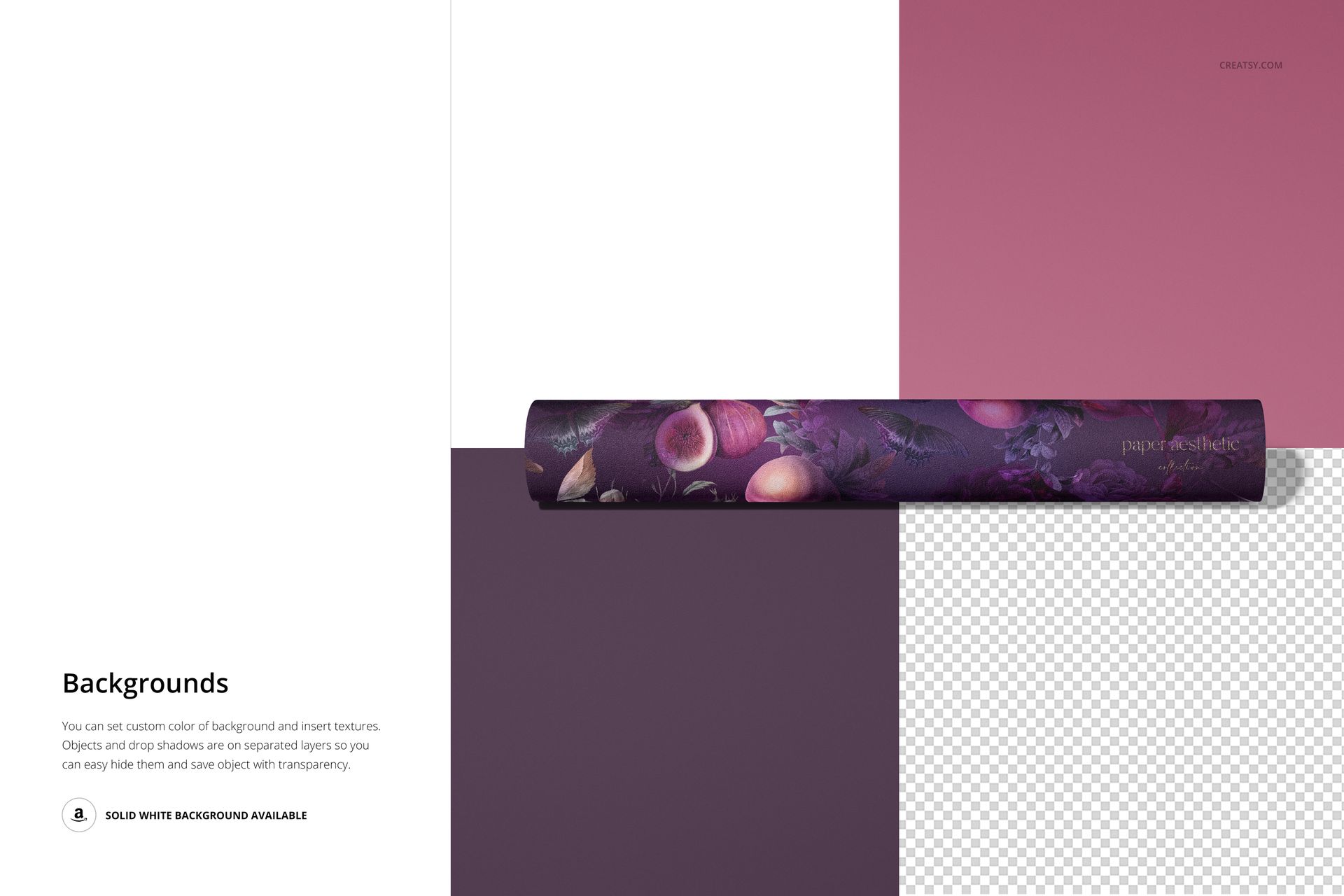 Rolled non-woven vinyl wallpaper mockup with a floral pattern, displayed on a split background of purple, pink, white, and transparent sections.