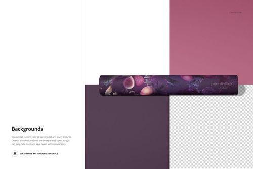 Rolled non-woven vinyl wallpaper mockup with a floral pattern, displayed on a split background of purple, pink, white, and transparent sections.