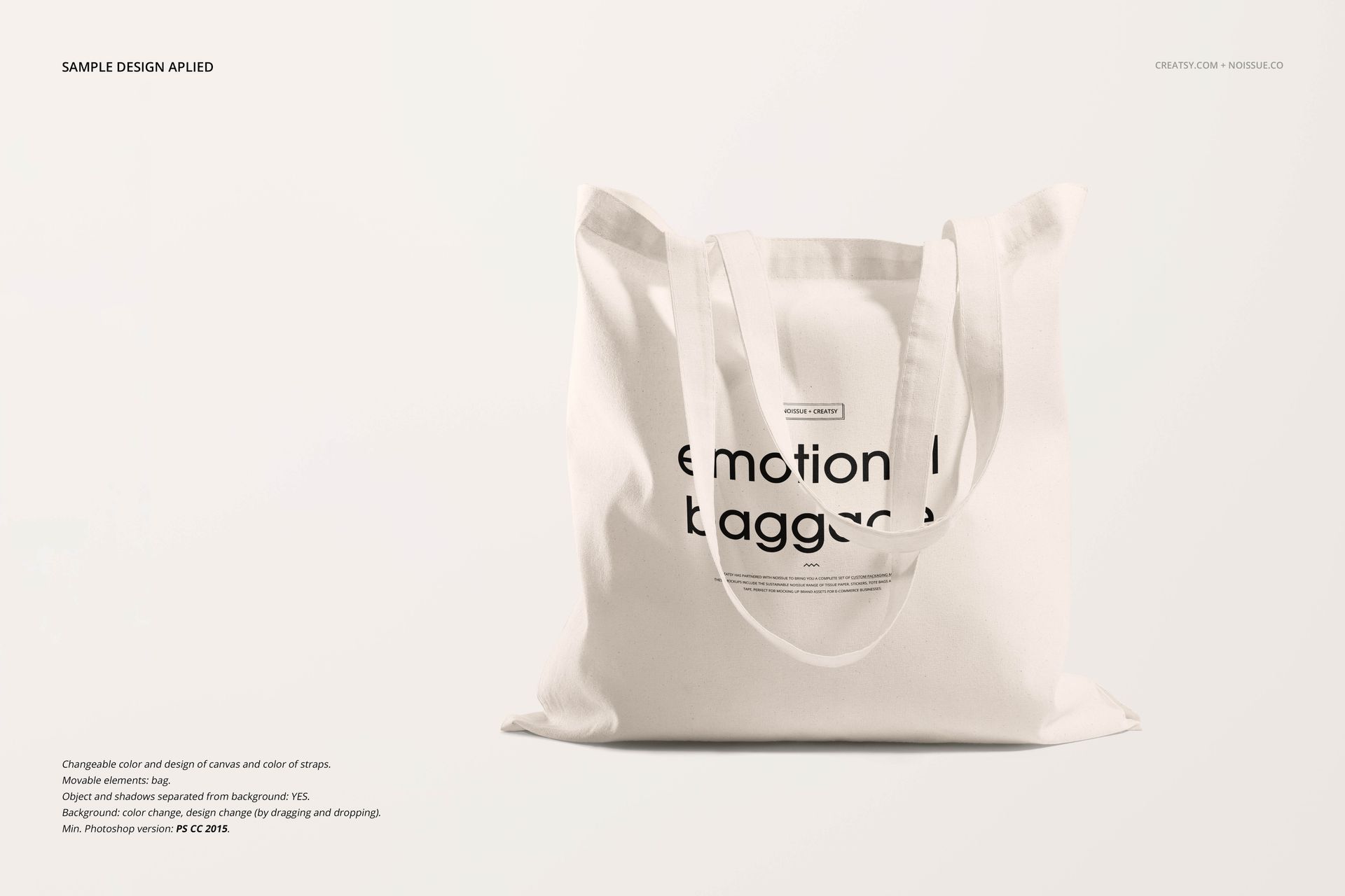 Front view of a plain white tote bag with black text, displayed against a light beige background in a mockup scene.