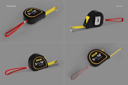 PSD mockup featuring a tape measure with a black case, yellow accents, and red strap, presented from multiple perspectives.