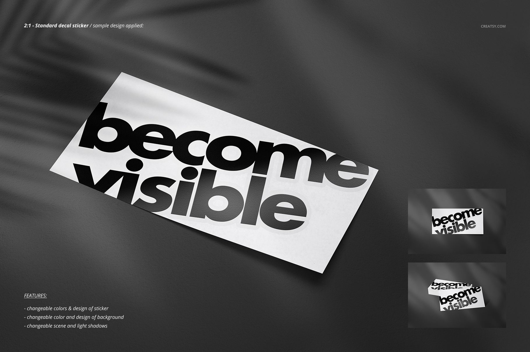Decals Stickers Mockup Set featuring a rectangular sticker with large text, displayed on a smooth dark background.