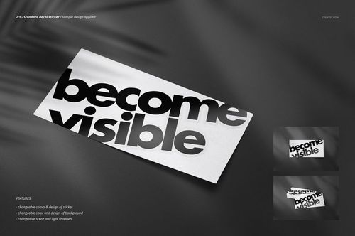 Decals Stickers Mockup Set featuring a rectangular sticker with large text, displayed on a smooth dark background.