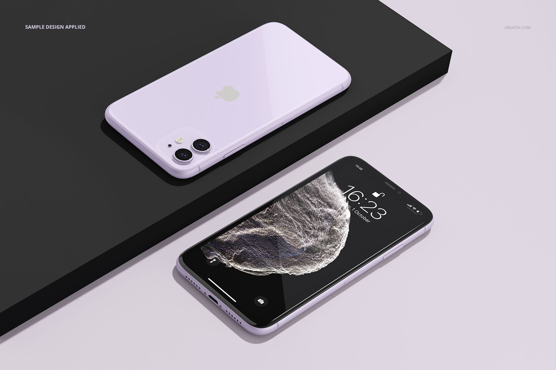 iPhone 11 mockup with one phone face up showing a detailed wallpaper and another face down, both in pale purple color.