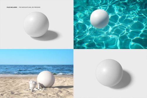 Beach ball mockup set with four scenes: studio backdrop, floating in pool water, on sandy beach, and under sunlight.