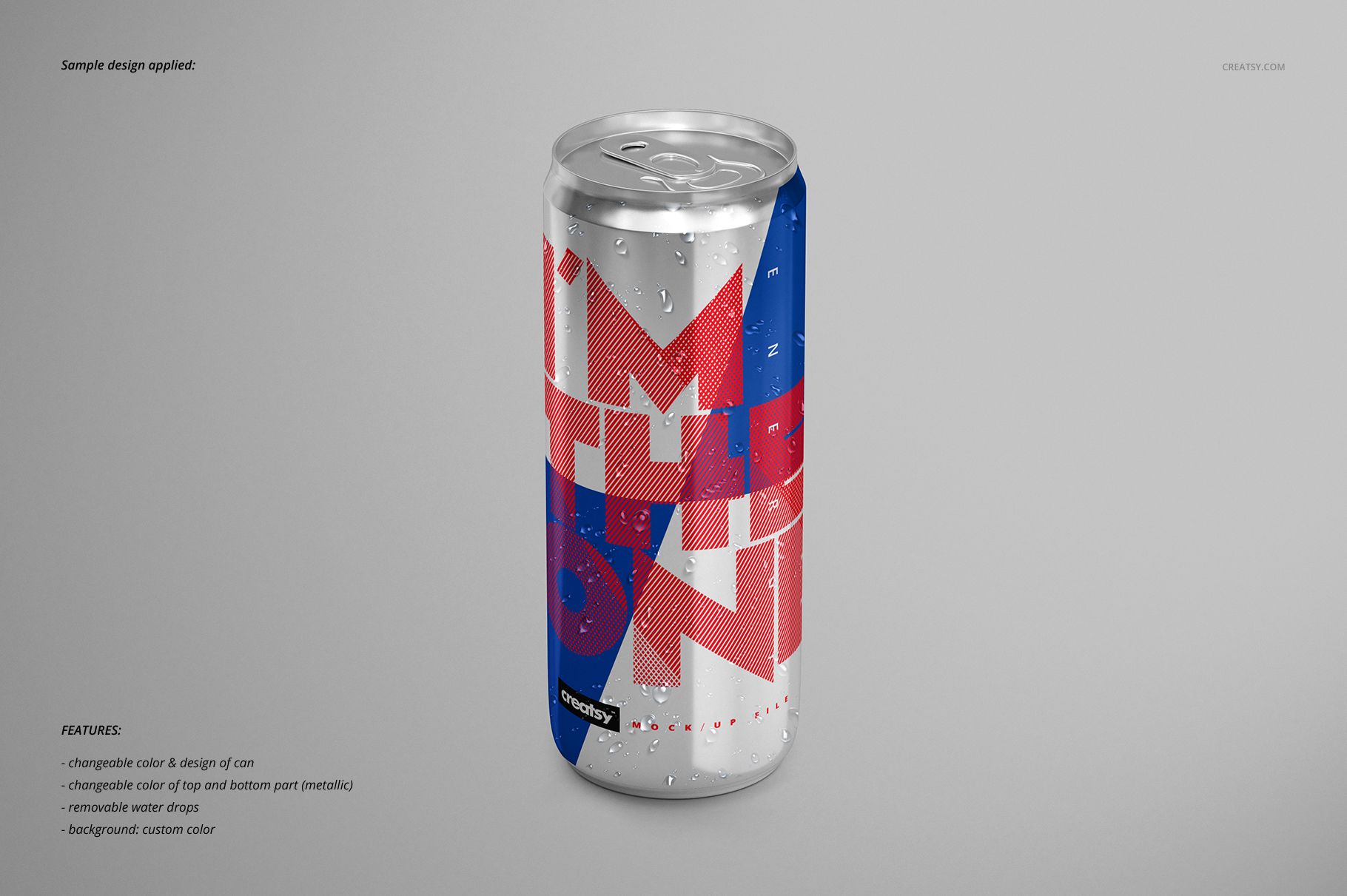 Front view of a metallic energy drink can mockup featuring a modern red and blue graphic pattern and water droplets.