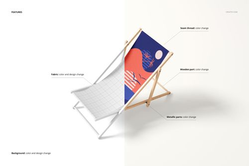 Front view of a folding deck chair mockup, half with a blank grid pattern and half with a colorful abstract design.