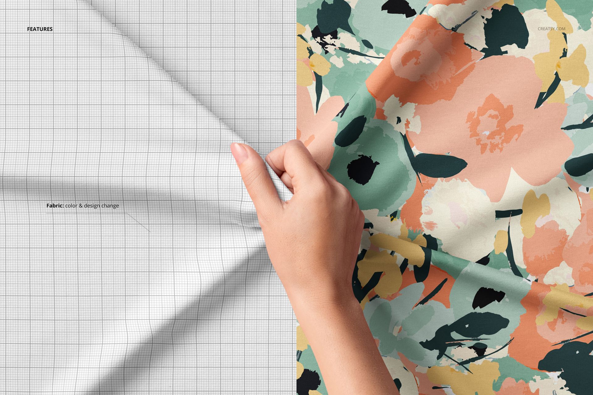Close-up of a hand holding jersey fabric mockup, half with pastel floral print and half with gray grid design.