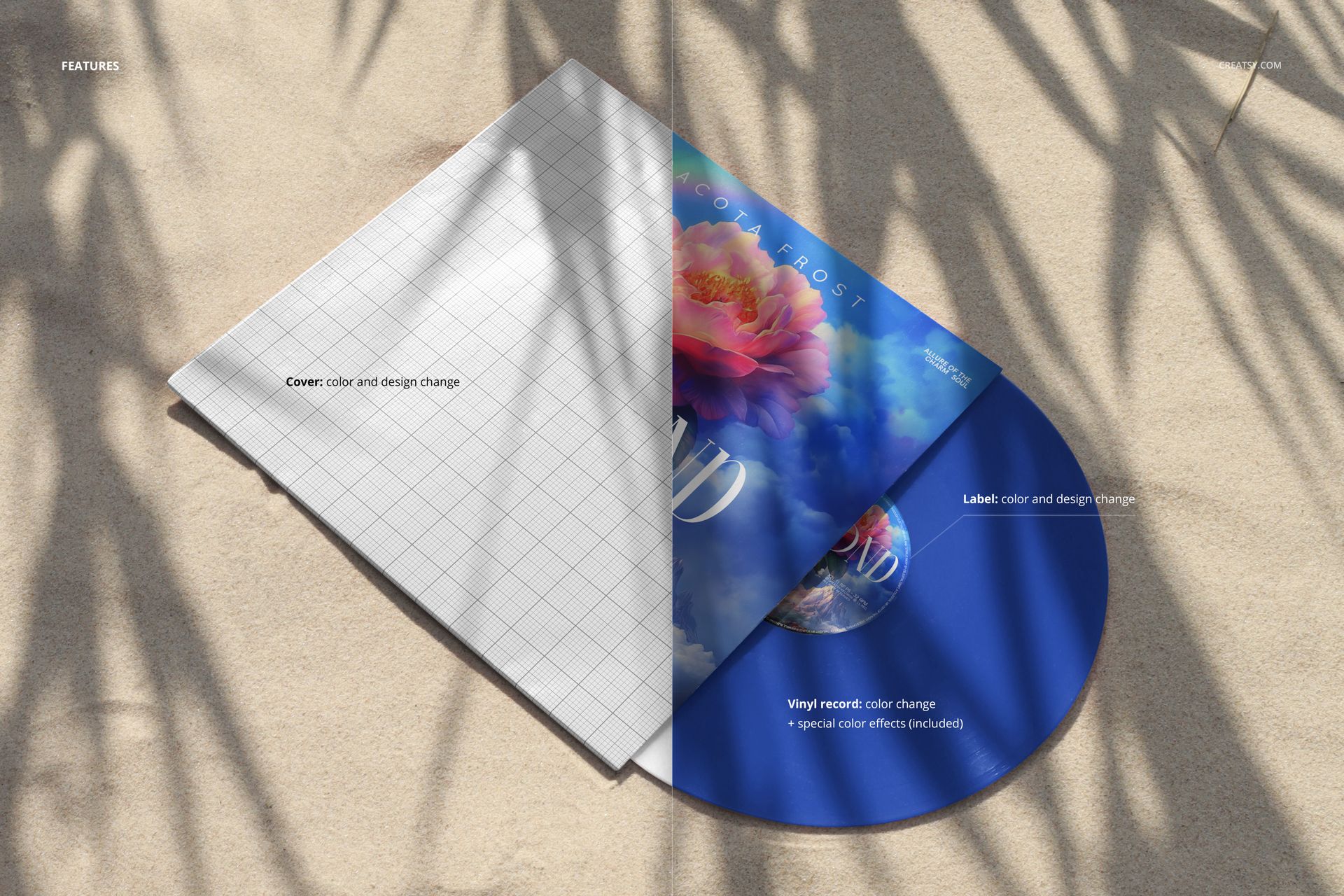 PSD mockup of a vinyl record partially inside a sleeve on sandy beach, featuring soft plant shadows and bright colors.