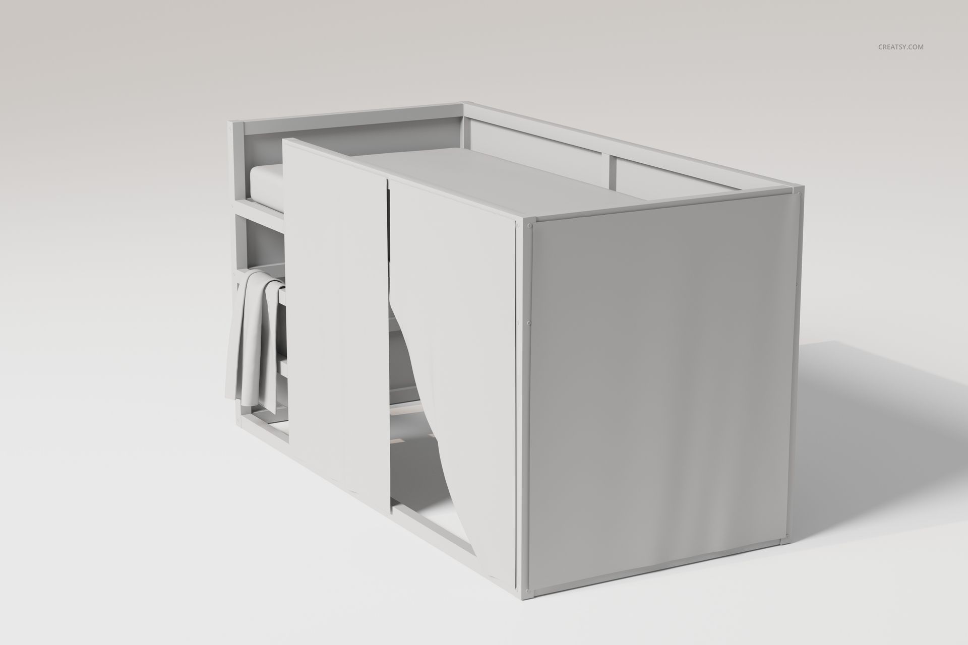 Reversible bunk bed set in a minimalist style, shown from a rear angle with neutral light gray surfaces and simple panels.