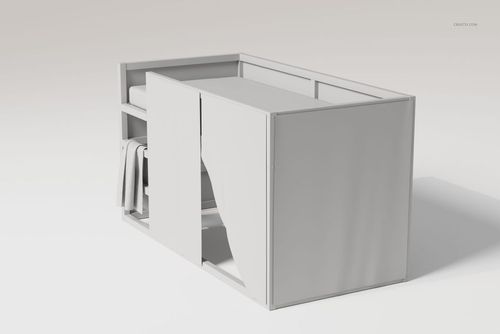 Reversible bunk bed set in a minimalist style, shown from a rear angle with neutral light gray surfaces and simple panels.