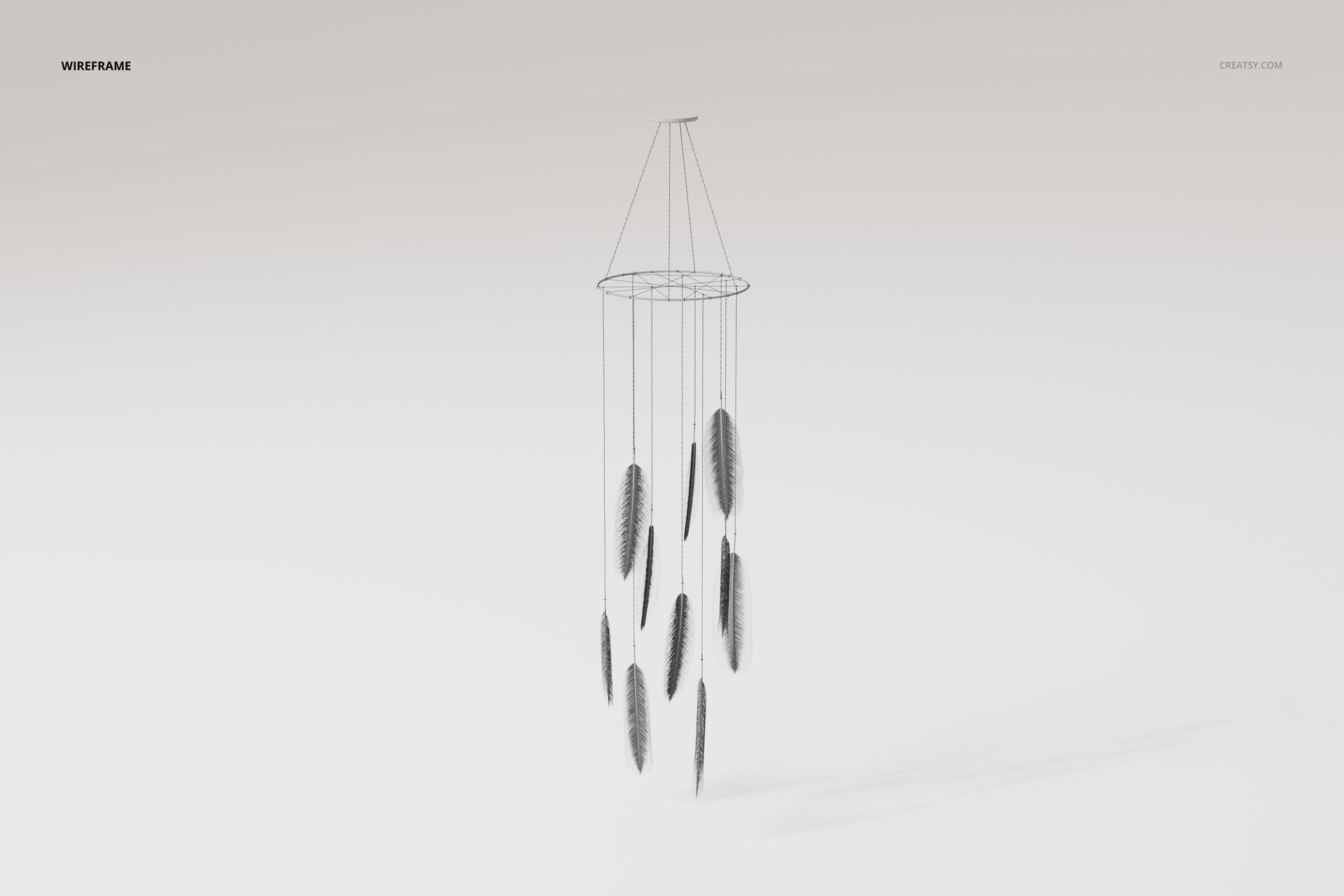 Wireframe view of a feather wind chimes 3D model with multiple hanging feathers, shown from a front angle on a plain background.