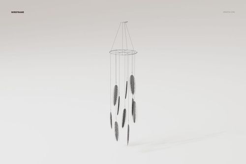 Wireframe view of a feather wind chimes 3D model with multiple hanging feathers, shown from a front angle on a plain background.