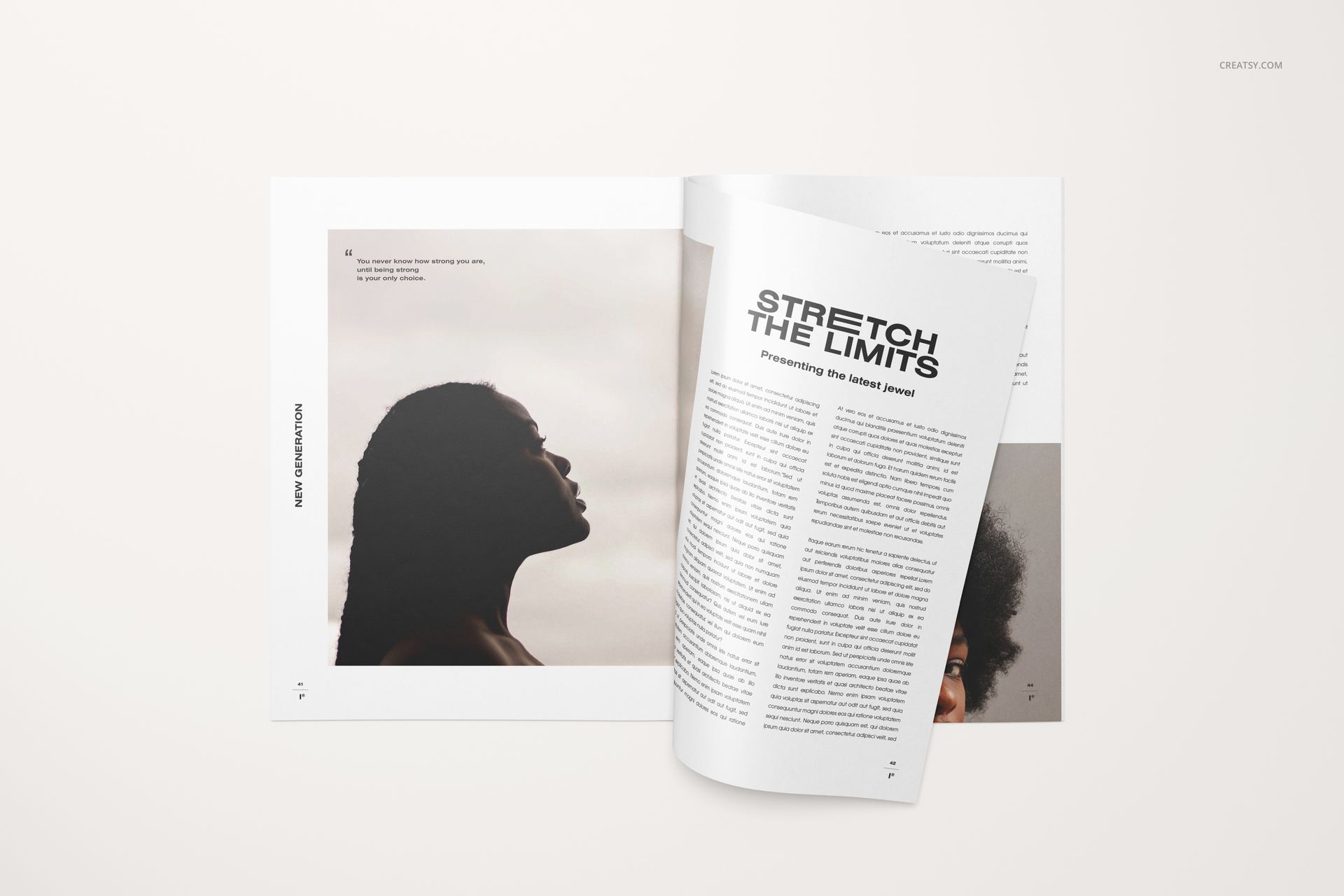 Open magazine mockup showing two visible pages, one with text layout and the other with a muted photo background.
