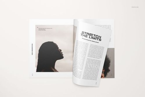 Open magazine mockup showing two visible pages, one with text layout and the other with a muted photo background.