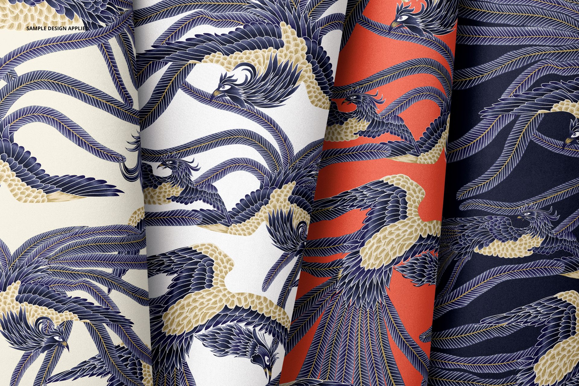 Scuba fabric mockup featuring four rolled textiles with intricate bird patterns in cream, white, orange, and navy colors.