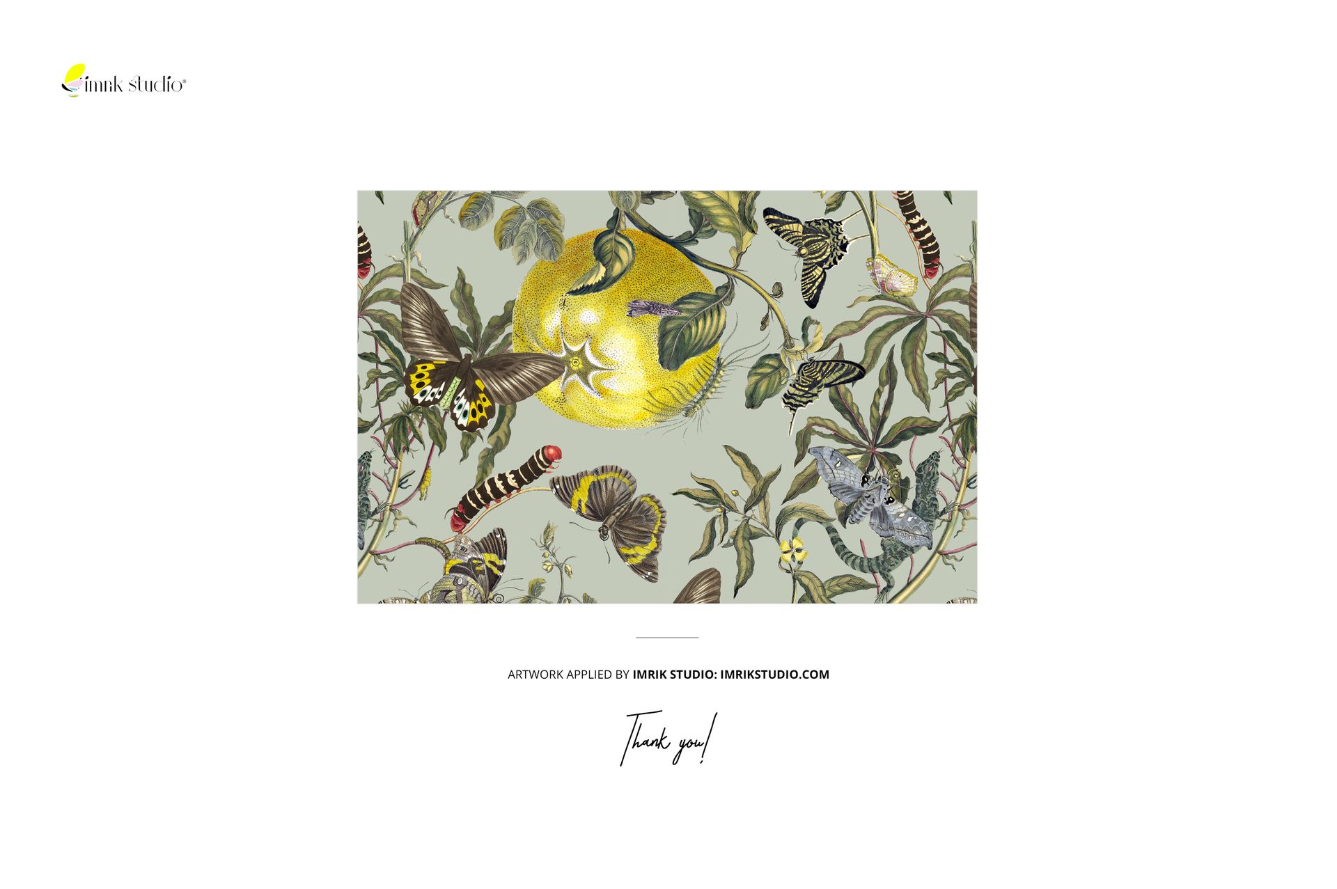 Rectangular fabric mockup featuring a botanical pattern with butterflies, caterpillars, and a large yellow fruit on a pale background.