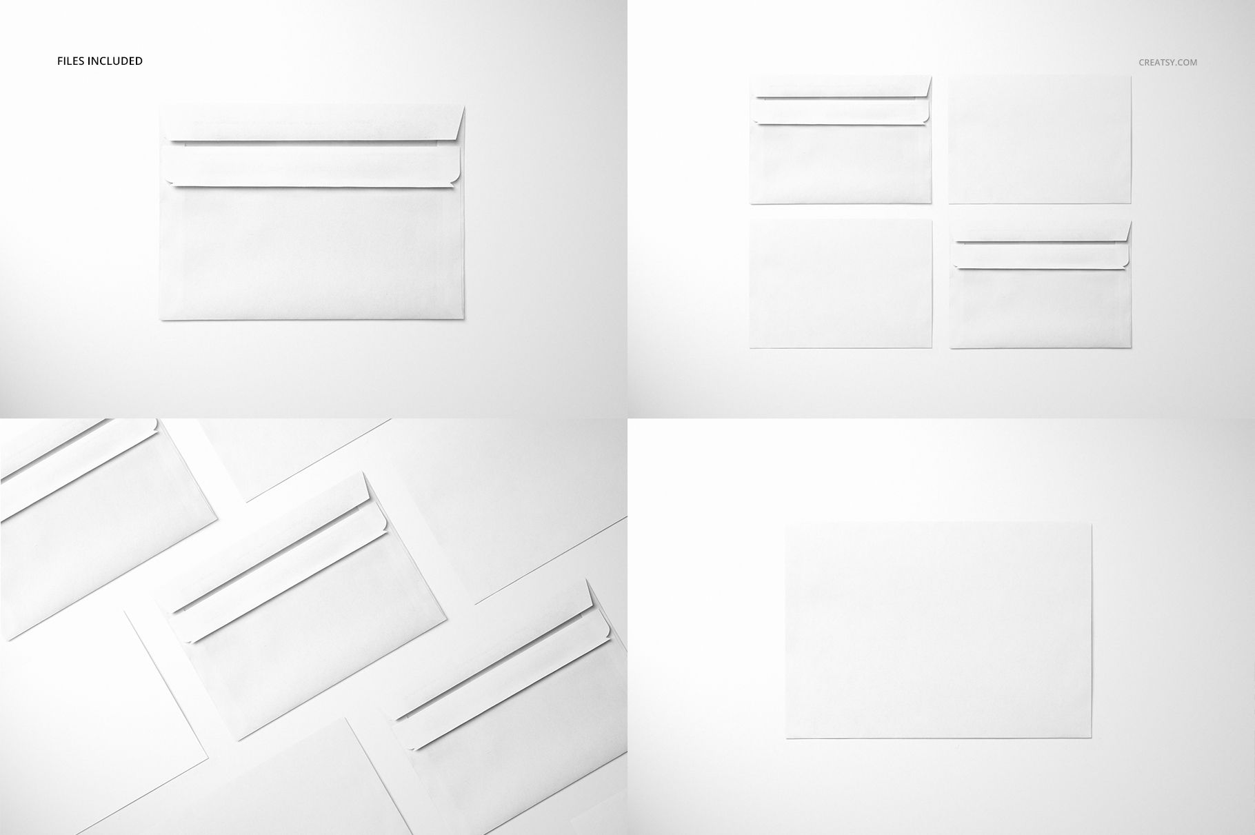 Four white envelopes arranged on a plain background, featuring different perspectives and orientations for mockup use.