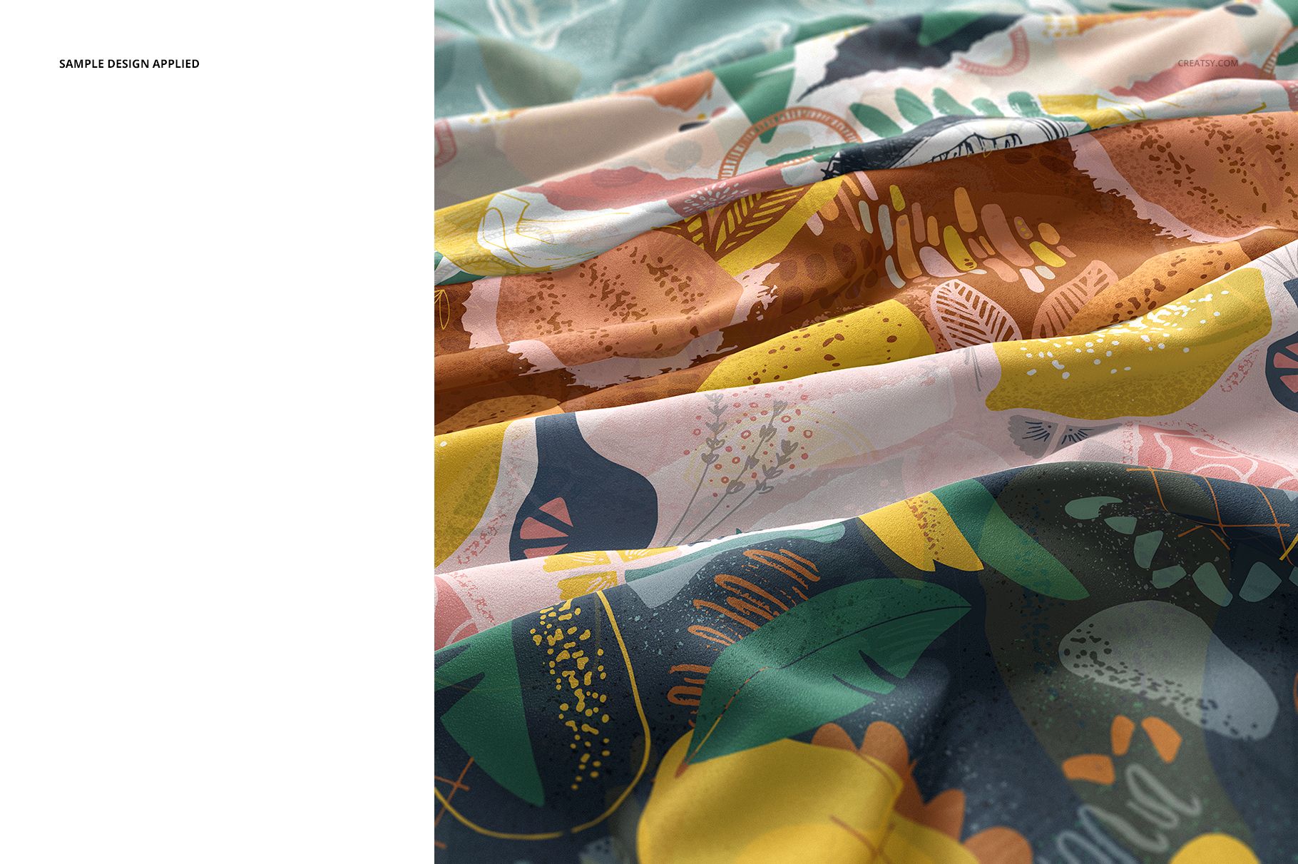 Detailed close-up of layered silk fabric mockup featuring vibrant botanical and geometric designs in various colors.