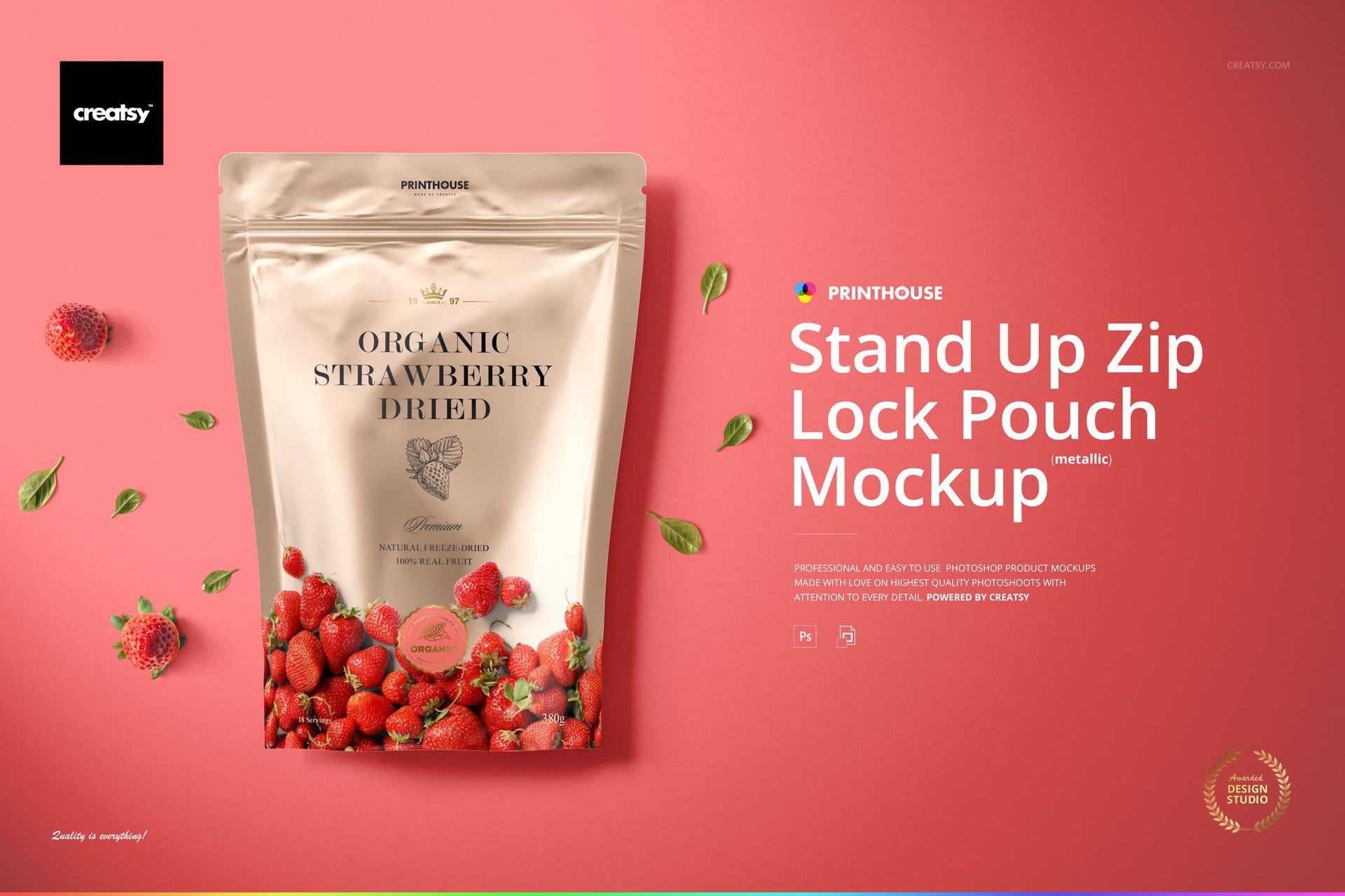 Front view of a metallic zip lock pouch mockup with strawberry illustrations, set on a solid pink surface.