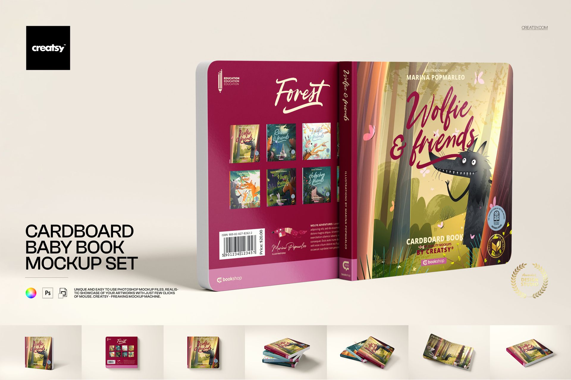 PSD mockup of a square cardboard baby book featuring vibrant artwork, displayed with open and closed covers.