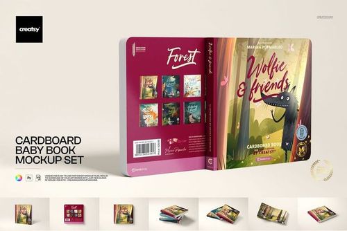 PSD mockup of a square cardboard baby book featuring vibrant artwork, displayed with open and closed covers.