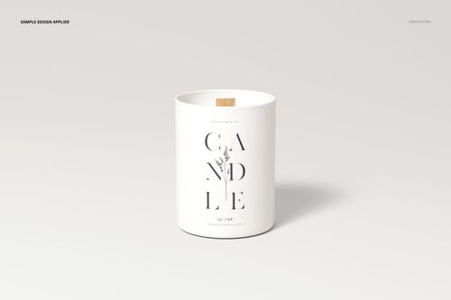 Mockup of a white candle featuring a wooden wick and simple black lettering, shown from the front on a neutral surface.