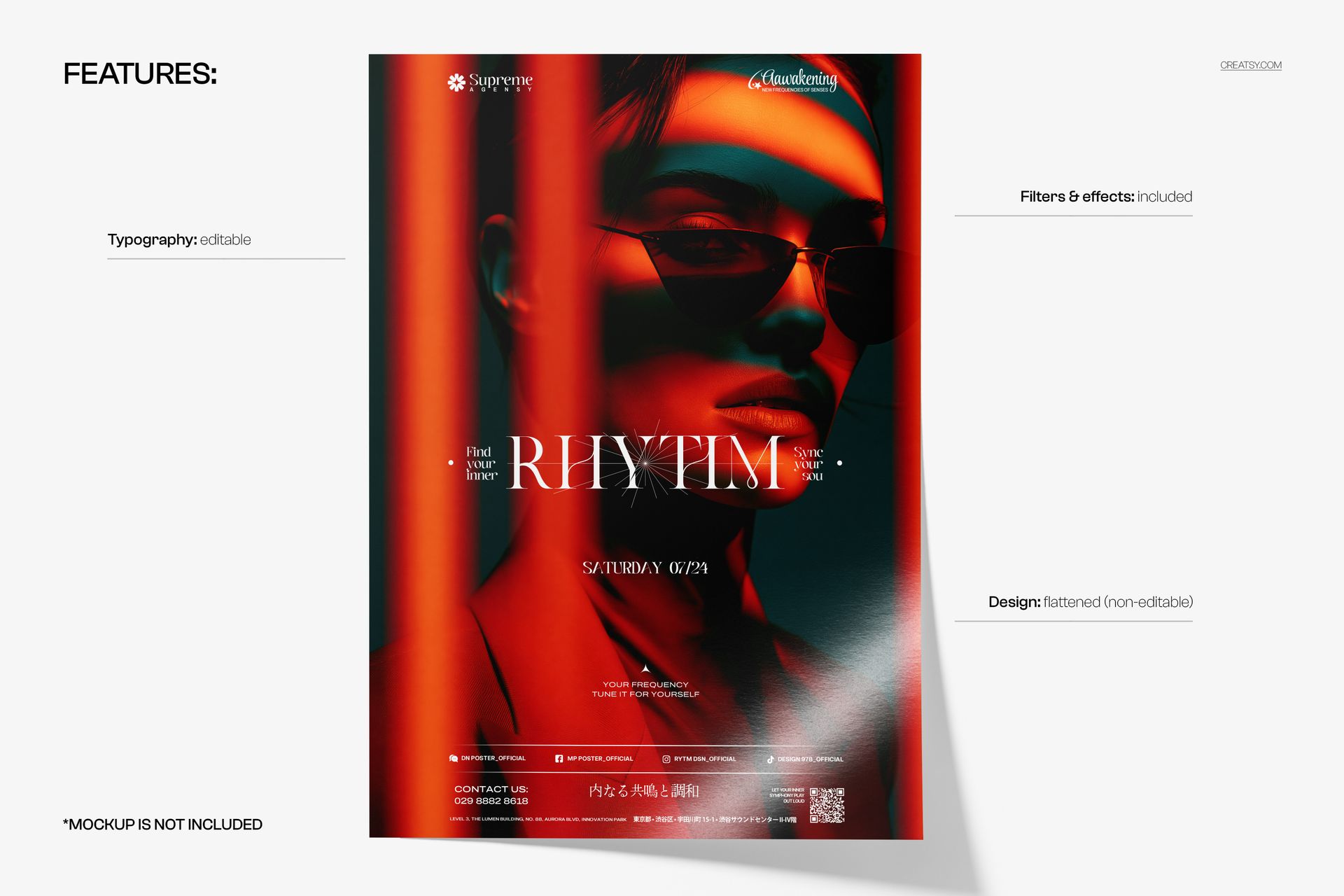 PSD mockup showing a vertical poster with vibrant neon colors, abstract light effects, and a stylish portrait.