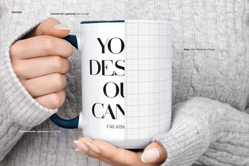 Close-up of hands holding a large white ceramic mug with customizable design, shown with text and grid mockup.