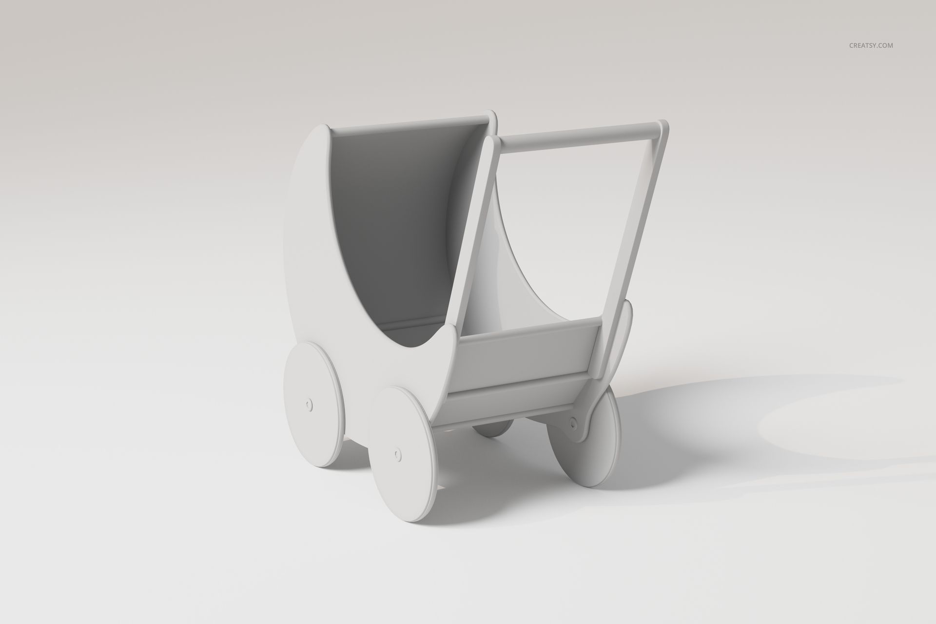 3D model of a baby doll stroller in a minimalist white color, shown from a front angle on a plain background.