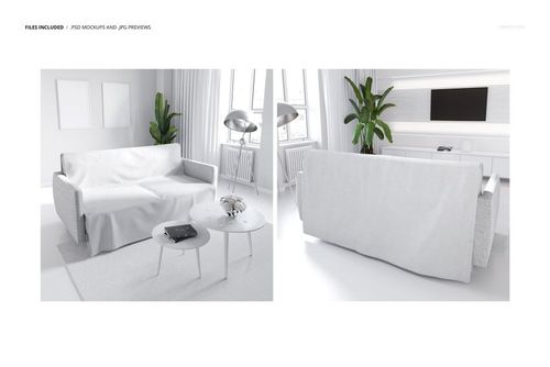 Front and rear views of a light gray couch coverlet in a modern living room, shown as a PSD mockup.
