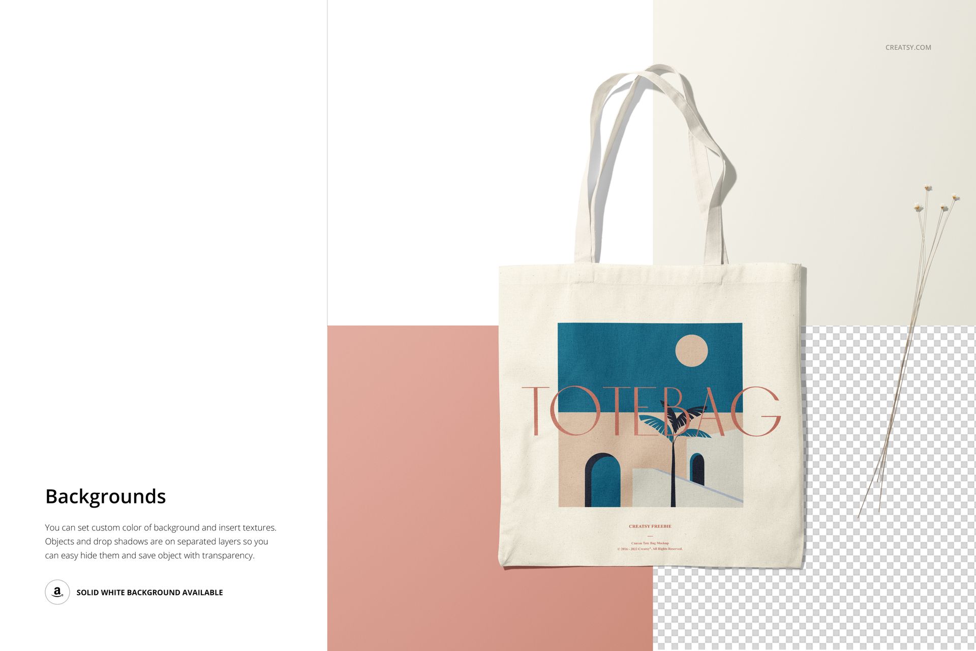 Front view of a tote bag mockup with minimalist geometric artwork, placed on a split white and pink background.