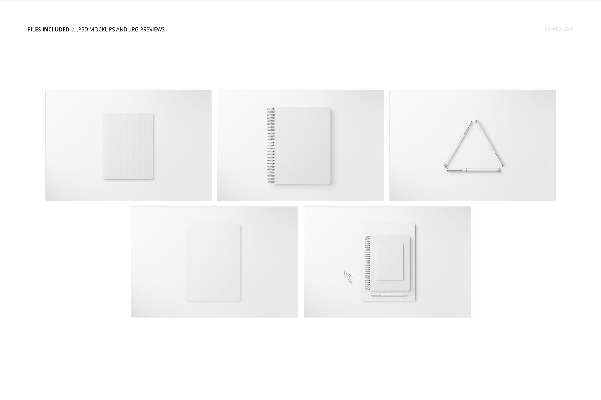 Stationery set mockup featuring blank notebook, spiral pad, triangular ruler, and stacked sheets on a white surface.
