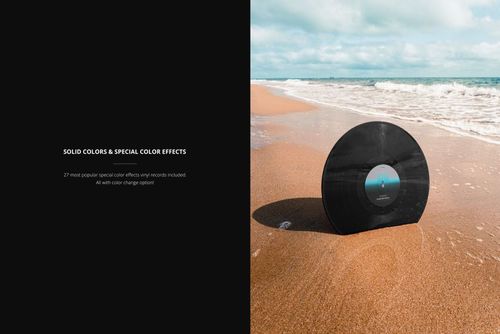 PSD mockup showing a vinyl record on a coastal beach, with sea foam, sand, and clear sky creating a relaxed atmosphere.