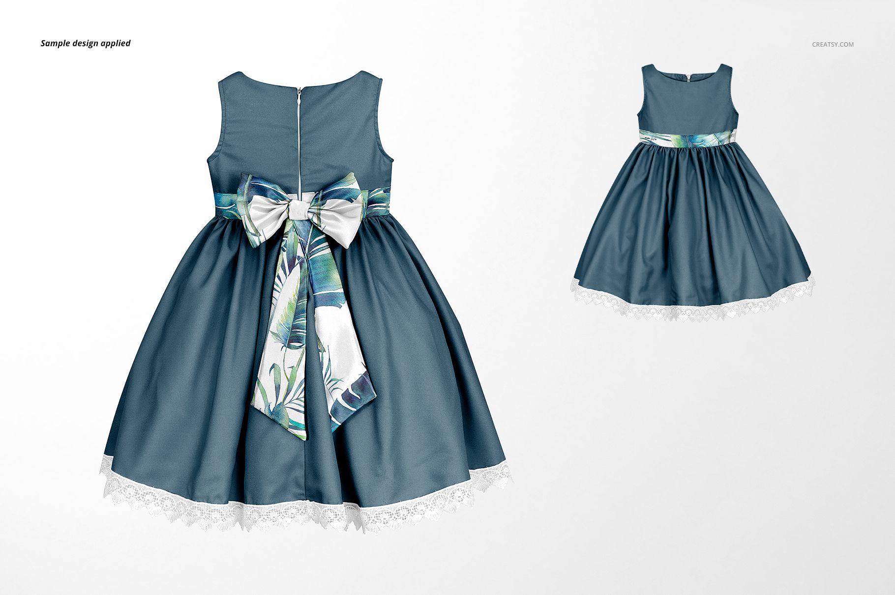 Kids dress mockup featuring a sleeveless blue dress with a large patterned bow and lace trim, shown from the back.