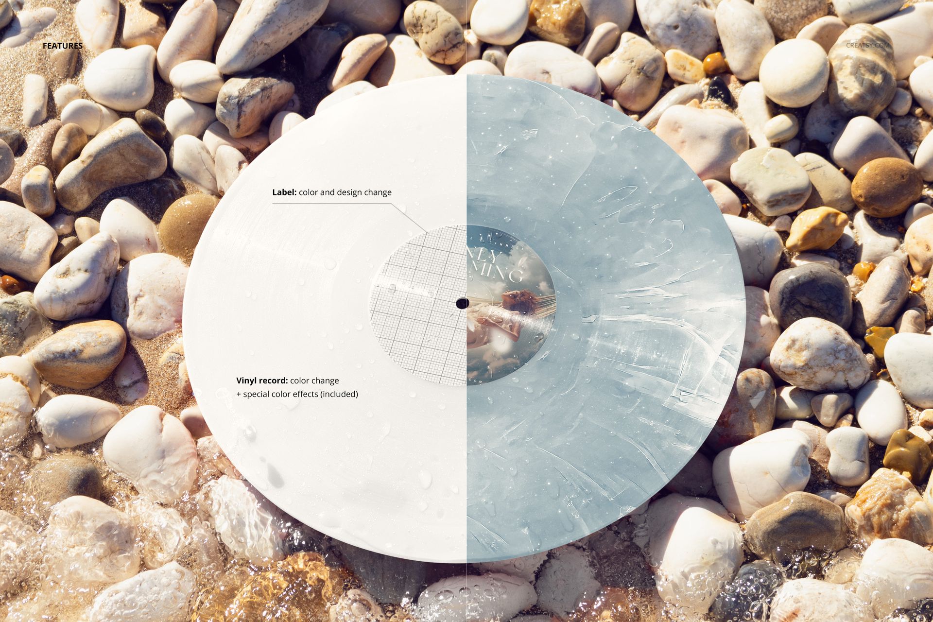 Top view of a vinyl record with a special effects mockup, half submerged in seawater on a rocky beach.