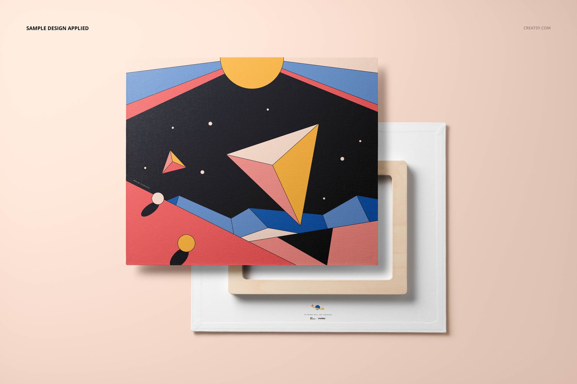 Front view of a rectangular canvas wall art mockup with geometric abstract design, shown with frame and back side.