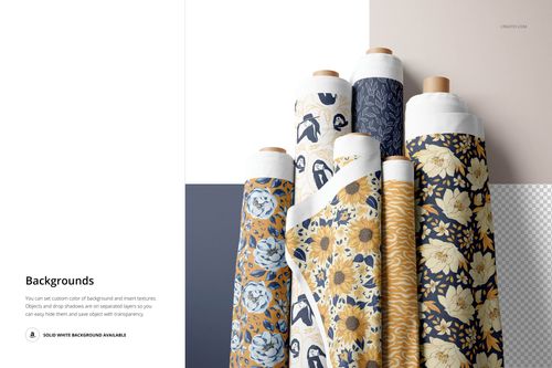 Six patterned fabric rolls standing upright, featuring blue and yellow floral designs, shown on a layered mockup scene.